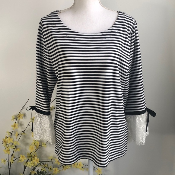 Karl Lagerfeld Lace Sleeves Striped Knit Top - Picture 2 of 12